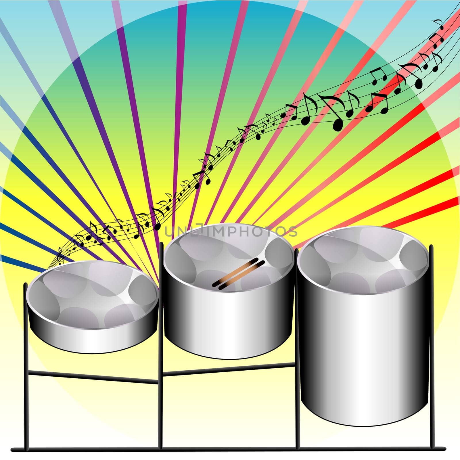 Vector Illustration of three variations of Steel Pan Drums invented in Trinidad and Tobago.