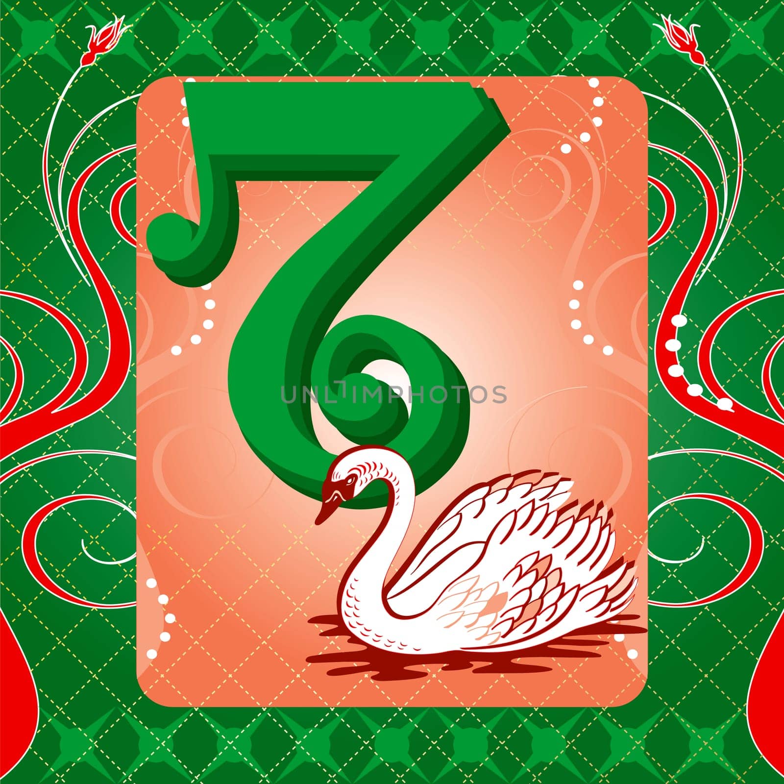 Vector Illustration Card for the 12 days of Christmas. Seven Swans Swimming.