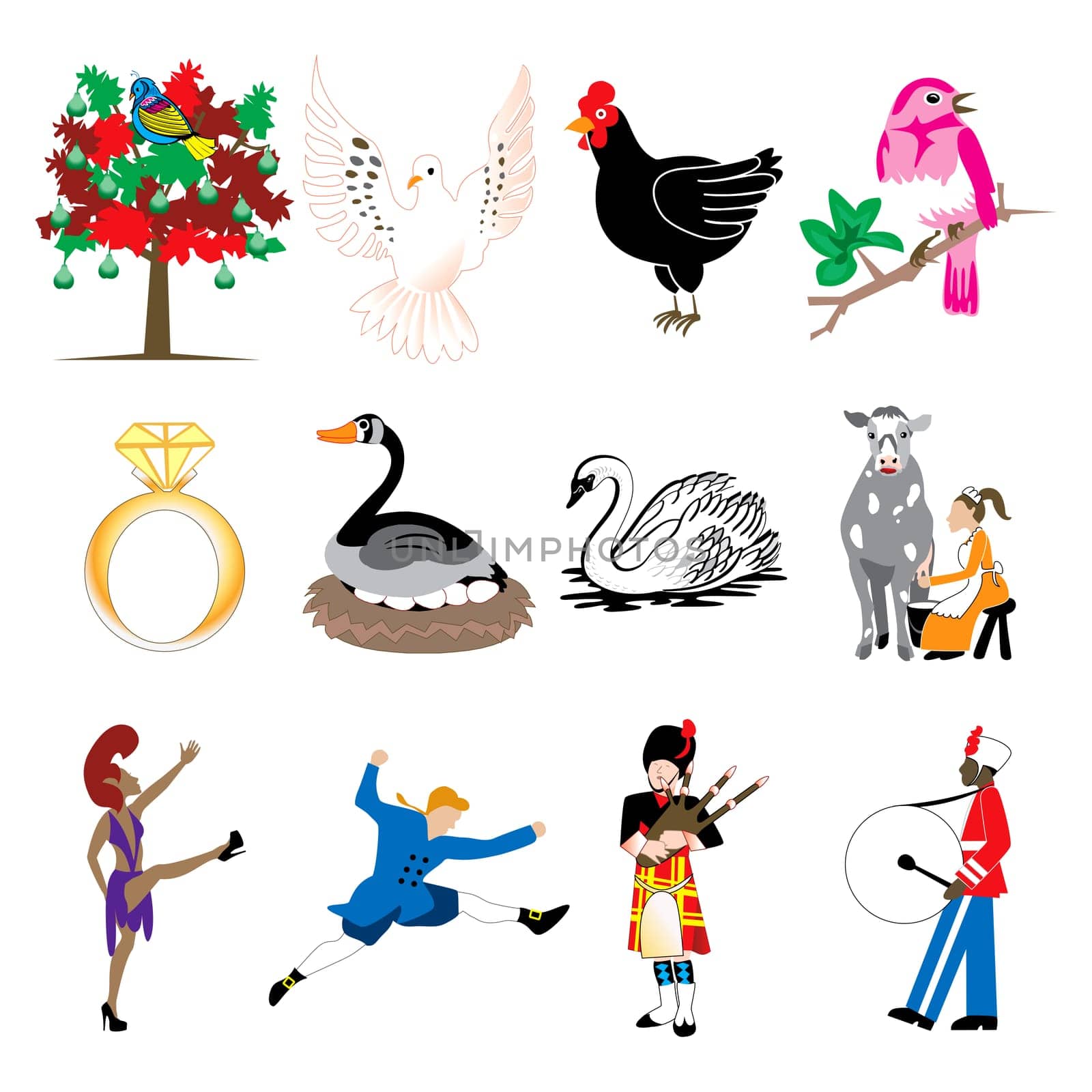 Vector Illustration Card of the 12 days of Christmas icons in full color.