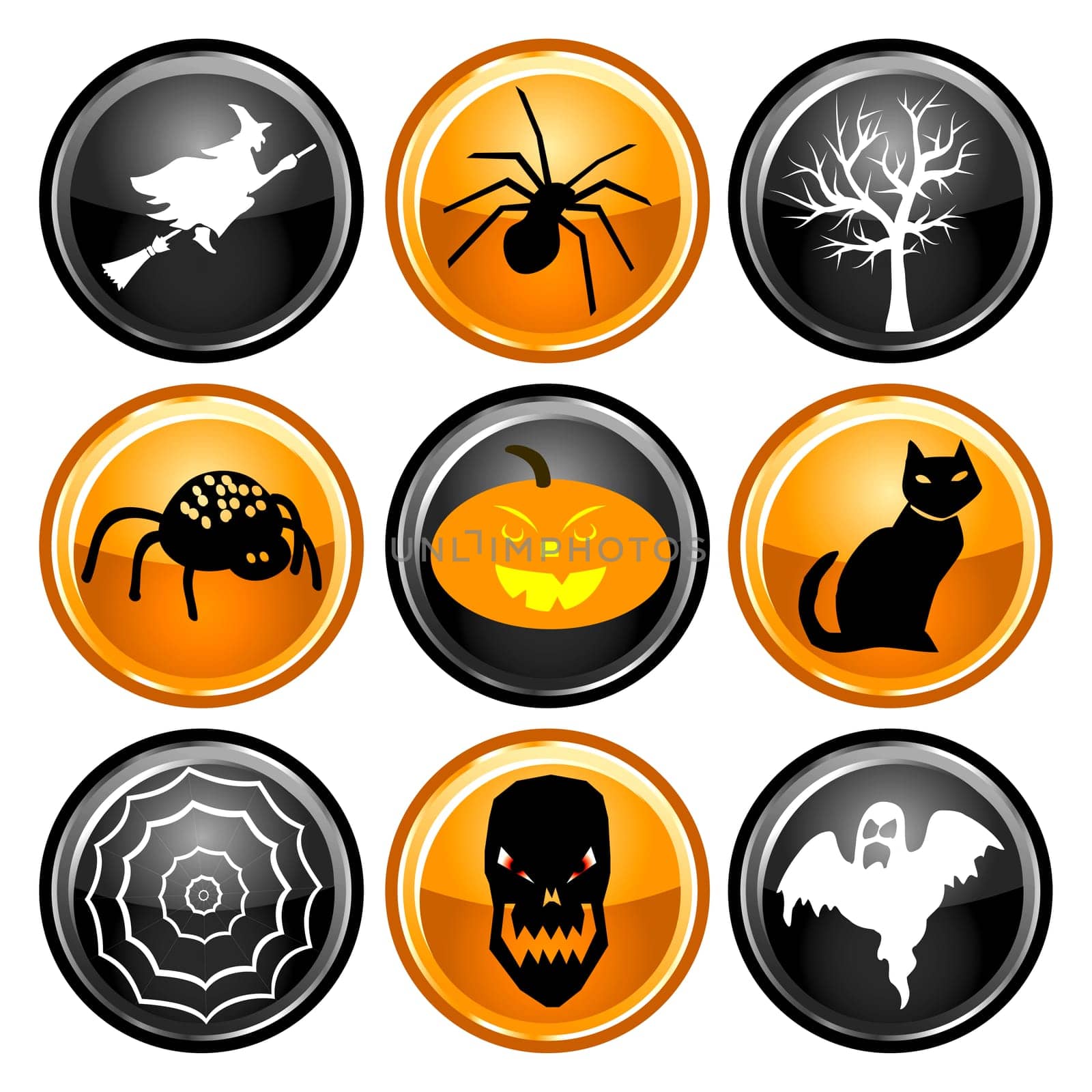 Vector Illustration of nine black, orange and white round Halloween button icons.