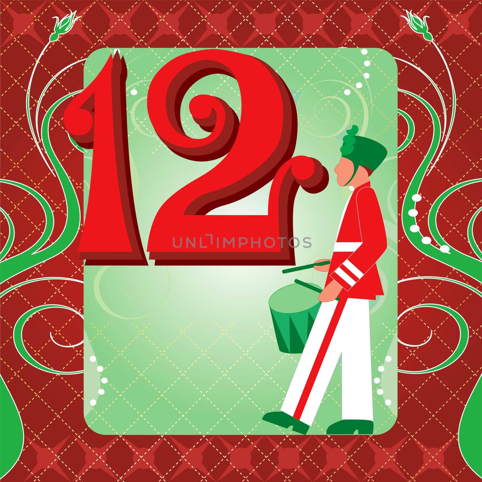 Vector Illustration Card for the 12 days of Christmas. Twelve Drummers Drumming.