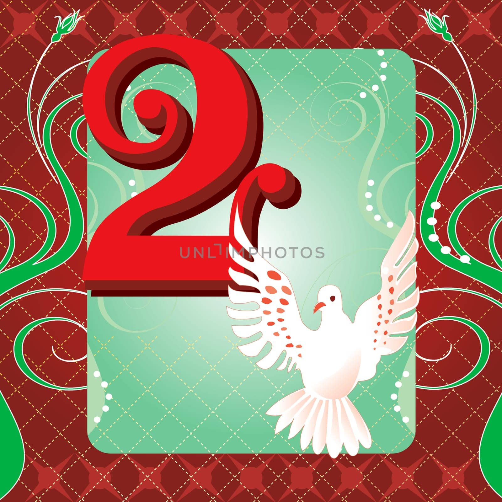 Vector Illustration Card for the 12 days of Christmas. Two Turtle Doves.