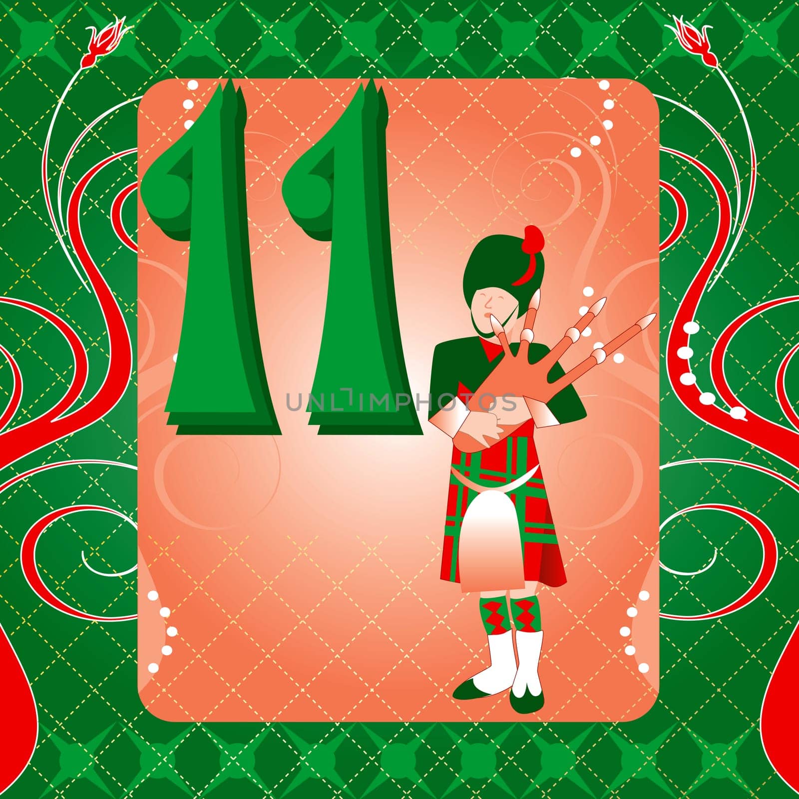 Vector Illustration Card for the 12 days of Christmas. Eleven Pipers Piping.