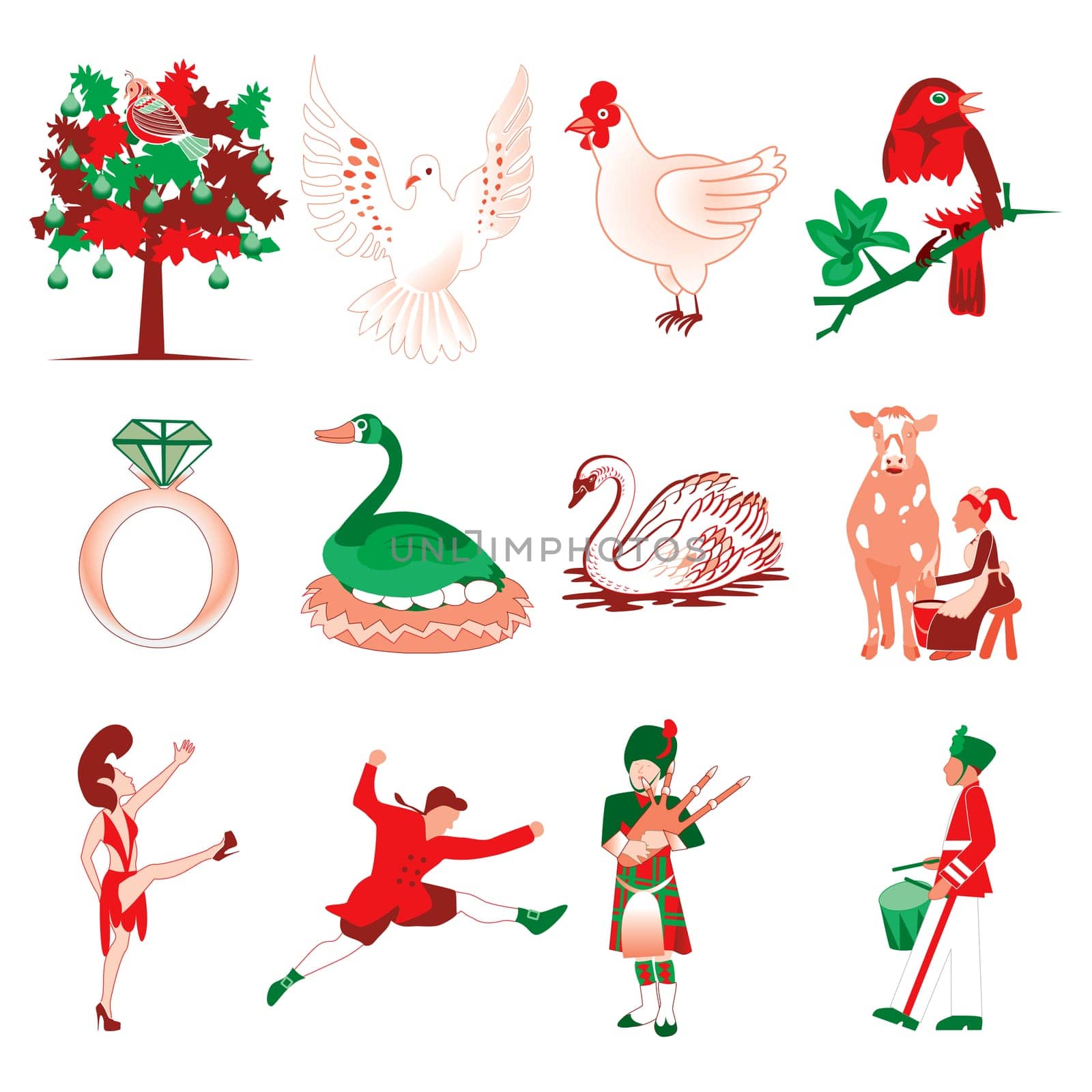 Vector Illustration Card of the 12 days of Christmas icons.