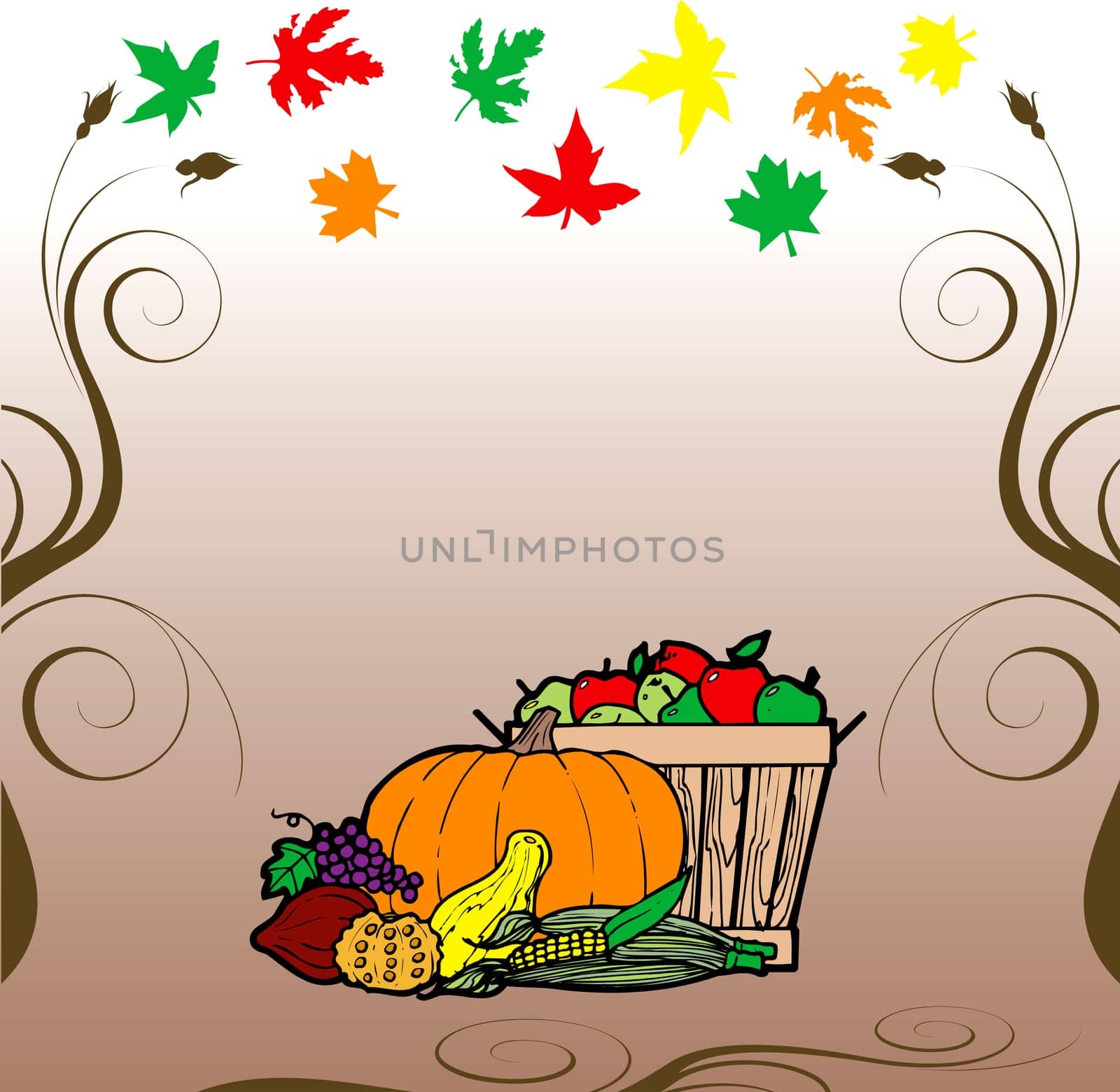 Vector Illustration for Thanksgiving Fruit Vegetable Card and Fall Autumn Leaves.