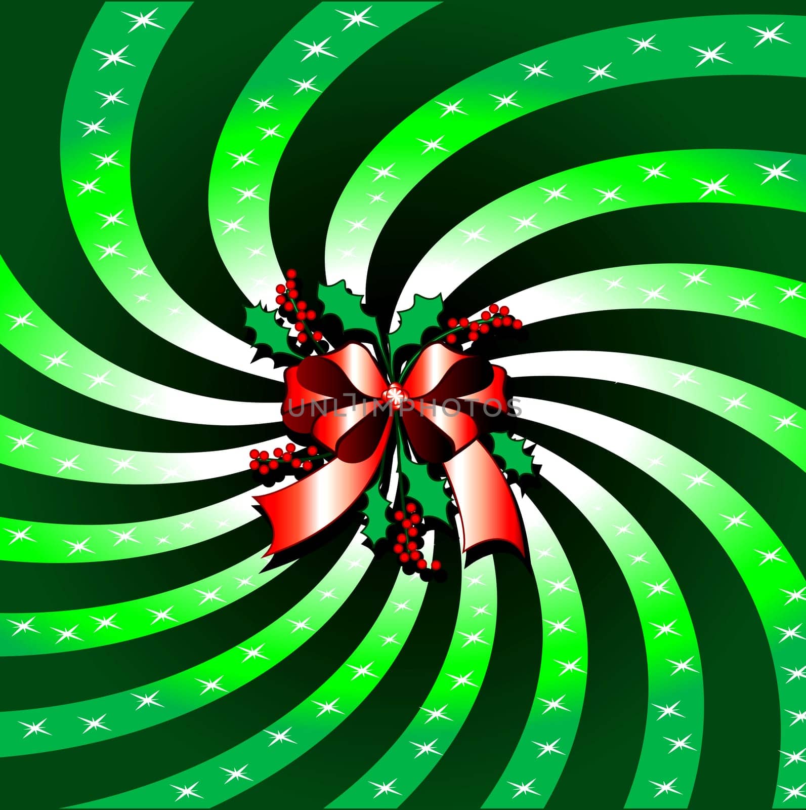 Vector Illustration of Green Christmas Bow Background with Rays.