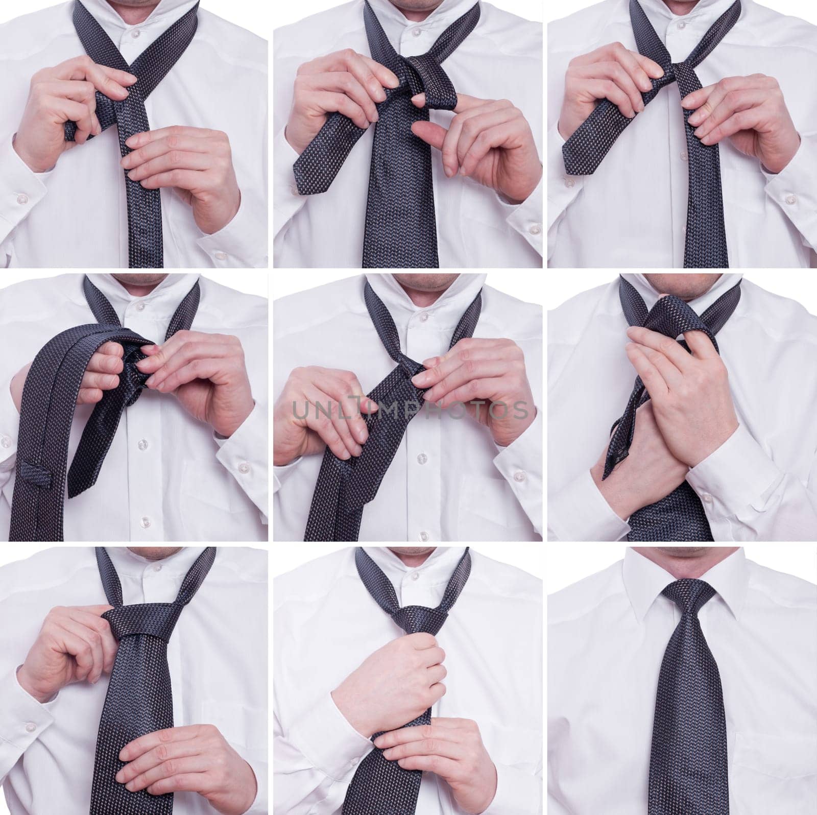 Step by step,a Windsor knot is tied to a tie by two hands