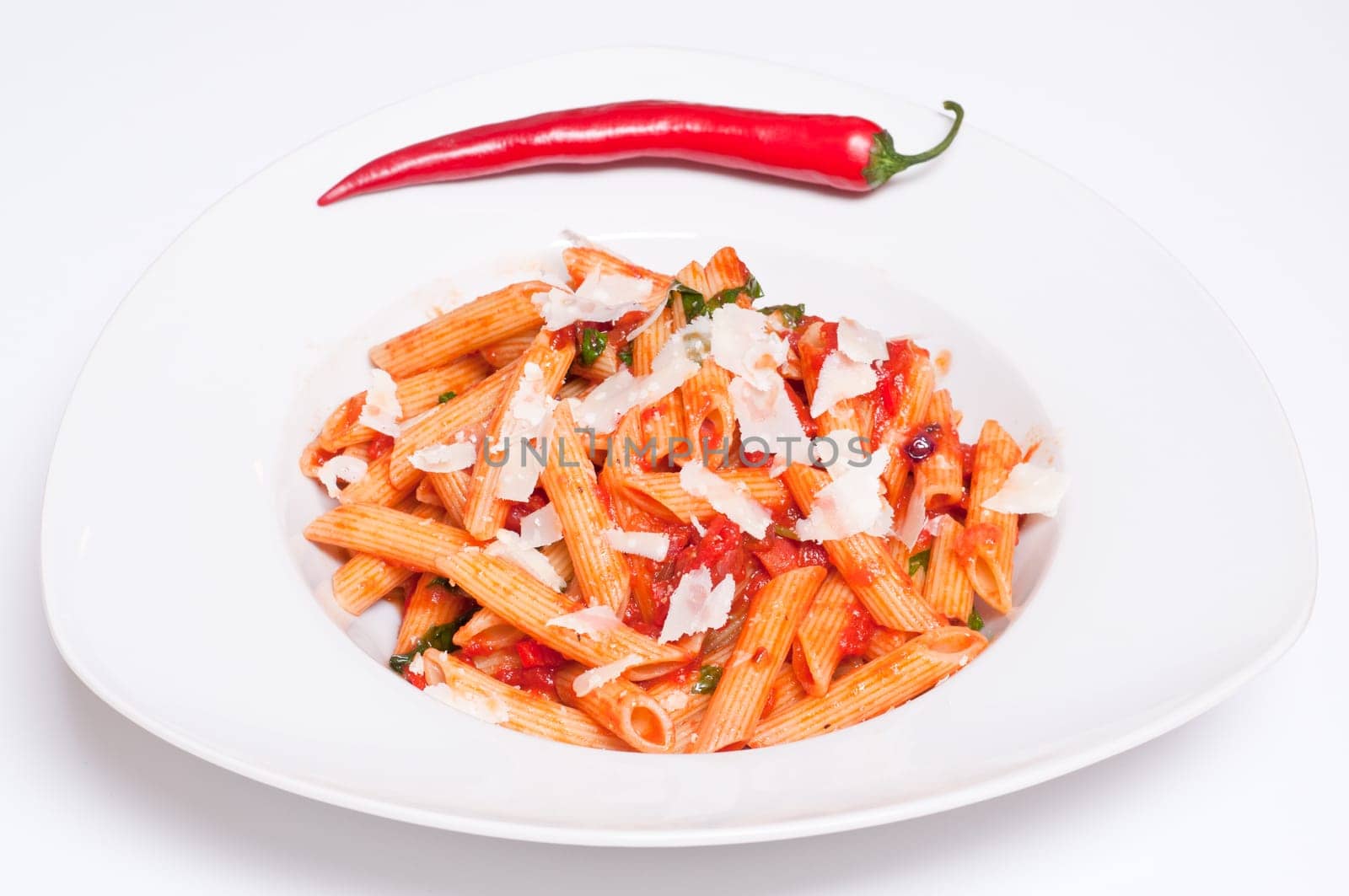 Pasta penne all'arrabboata with chilli,basil,tomato and pecorino cheese