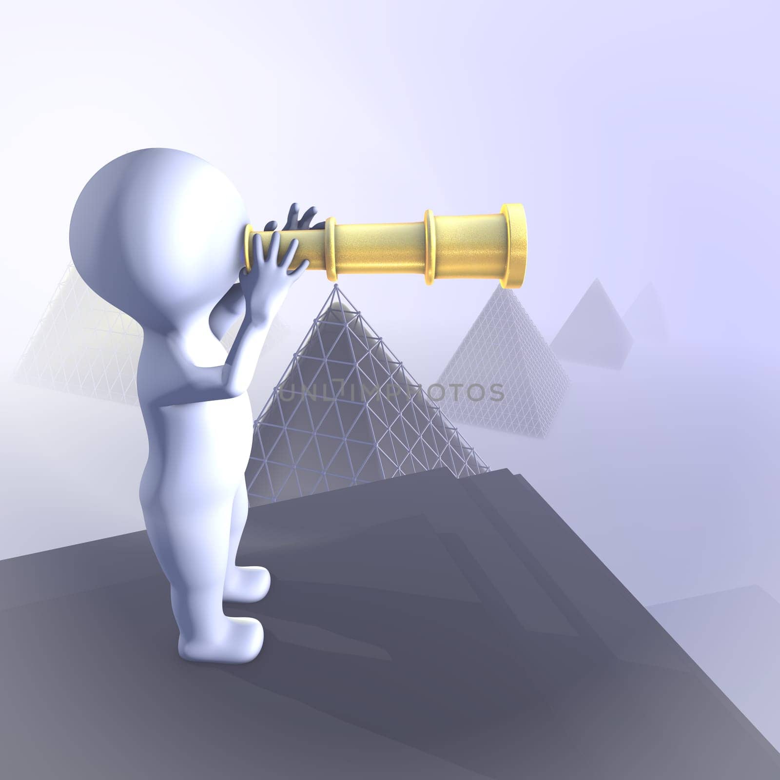 A character is looking ahead. Pyramid background.