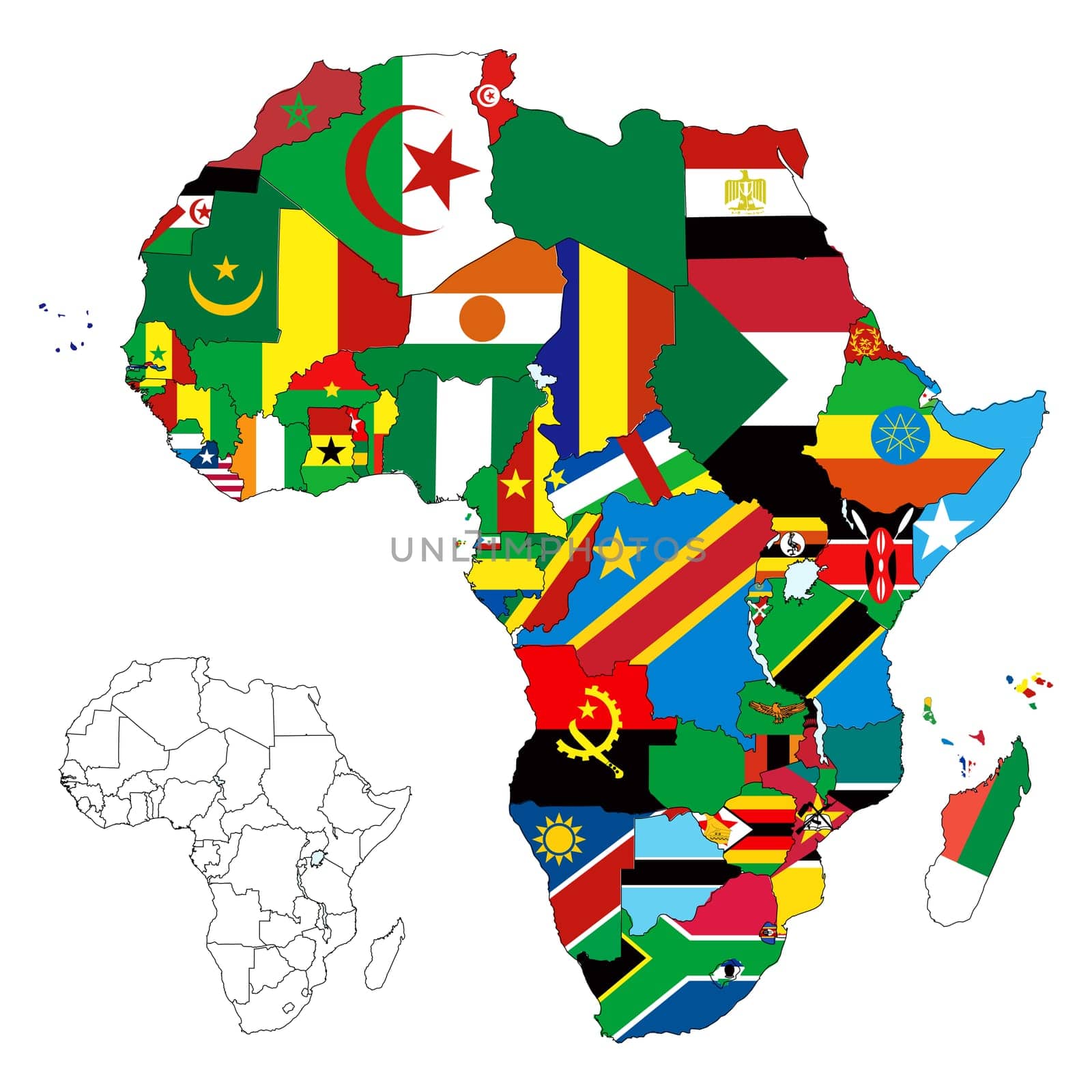 Vector illustration for the continent of Africa. Over 50 countries including several small islands, rivers and lakes not visible unless zoomed in. Very editable if needed.