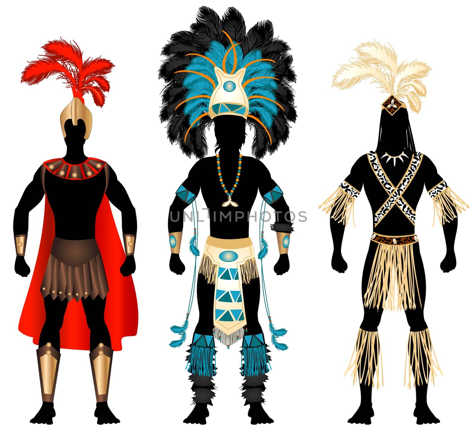 Vector Illustration of three male Costumes for Festival, Mardi Gras, Carnival, Halloween or more.