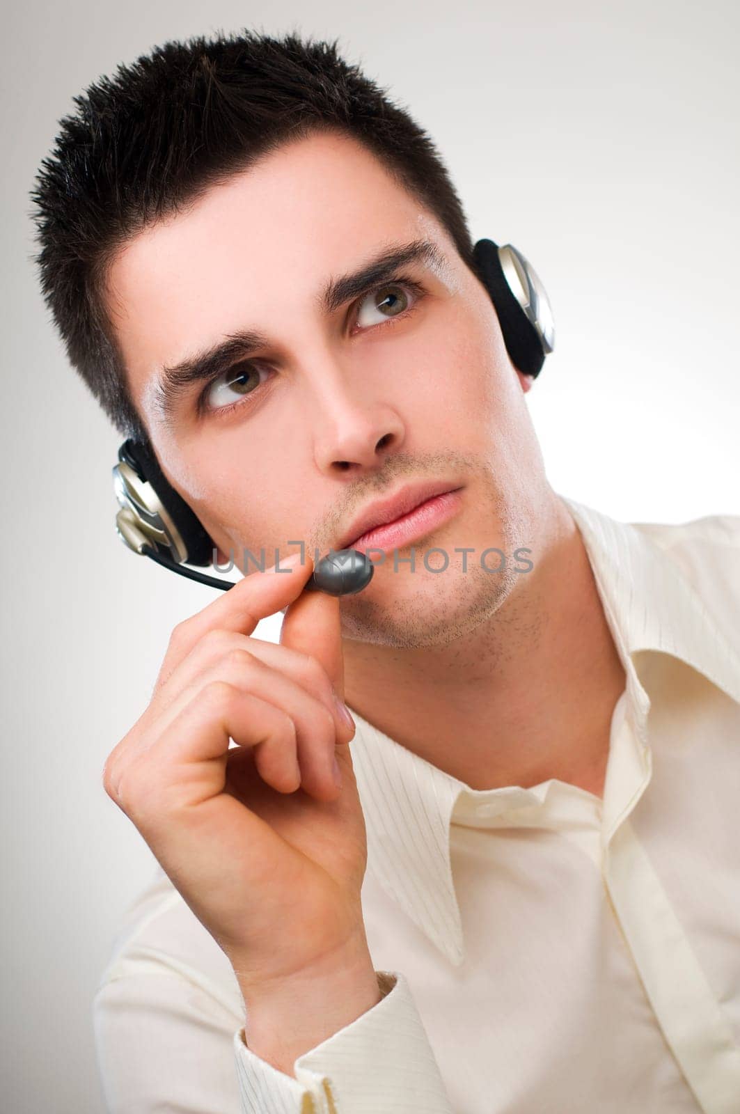 young business men with headphones close up