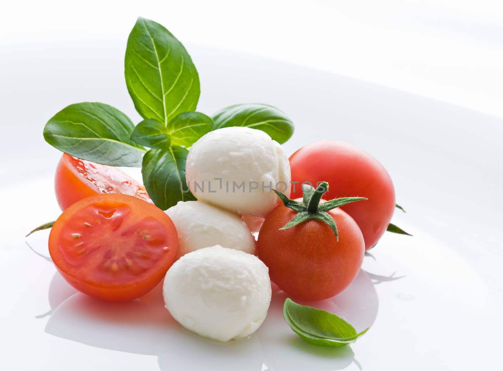 Tomato, mozzarella and fresh basil close up shoot