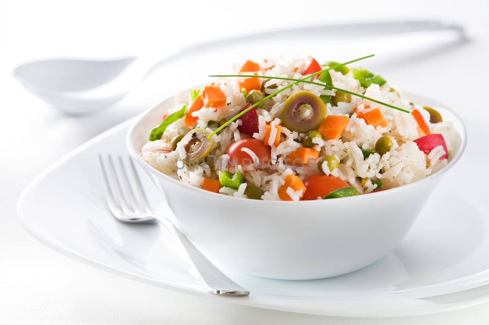 Fresh rice salad in a bowl close up shoot