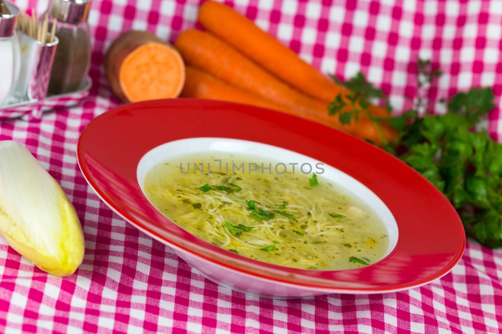 Chicken soup with noodles,meat