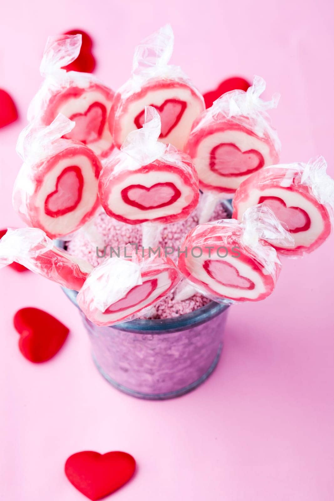 Close-up of heart lollipops for Valentine&#039 s Day. Studio shot.