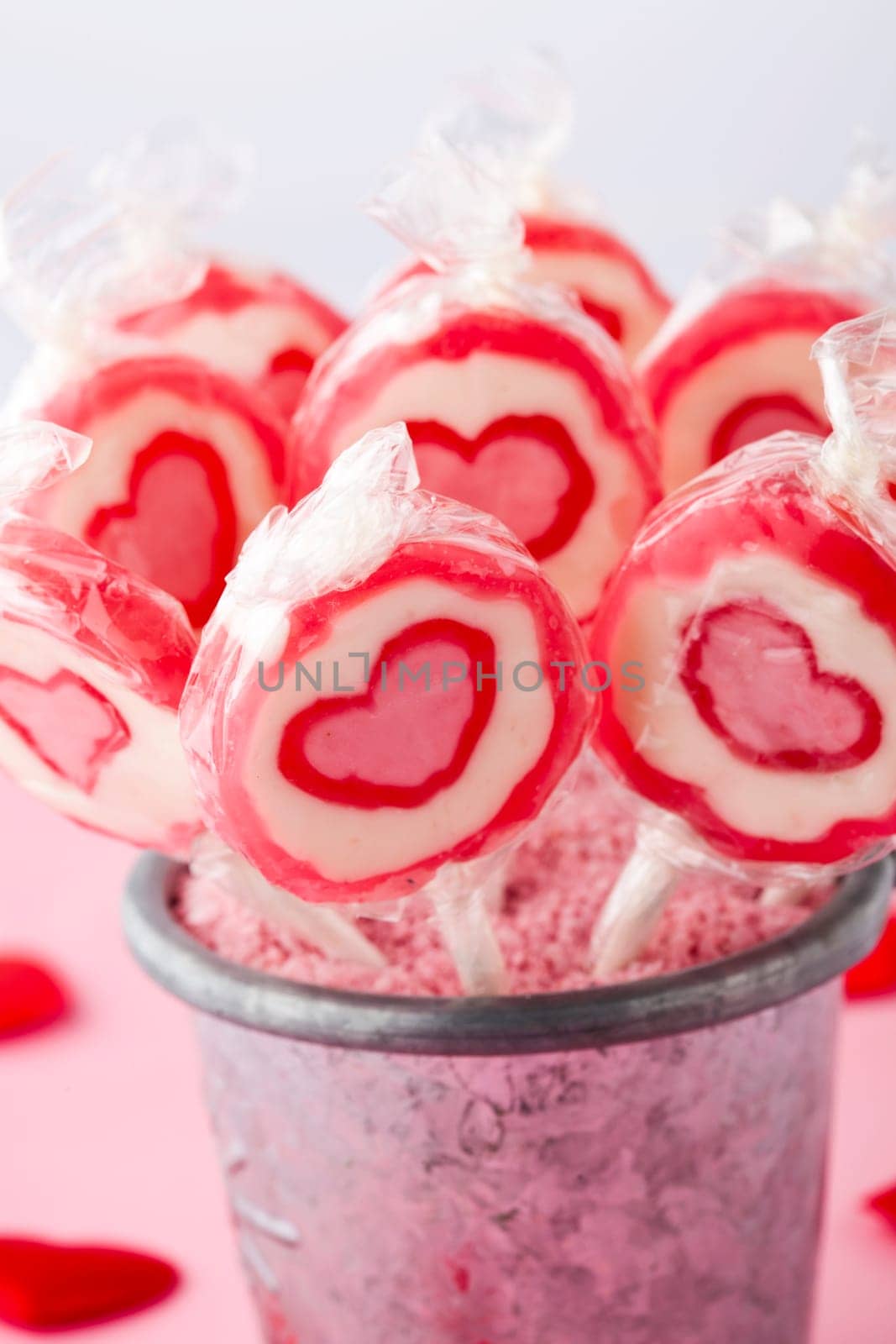 Close-up of heart lollipops for Valentine&#039 s Day. Studio shot.