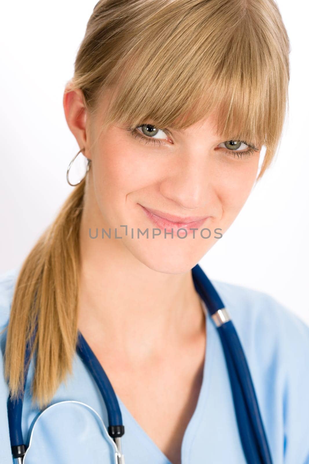 Woman doctor young medical nurse smiling blond with stethoscope