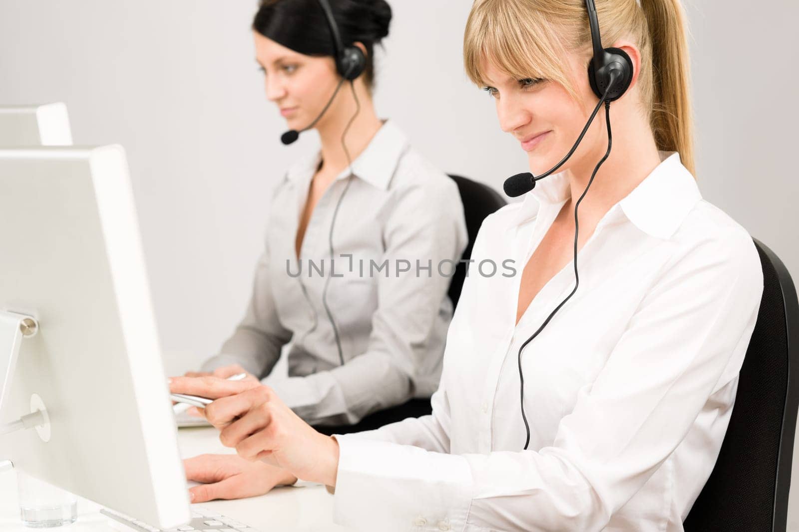 Customer service team woman call center smiling operator phone headset