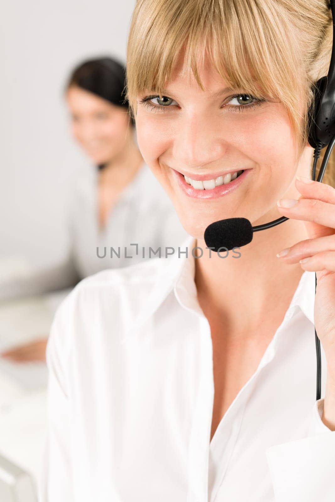 Customer service team woman call center smiling operator phone headset
