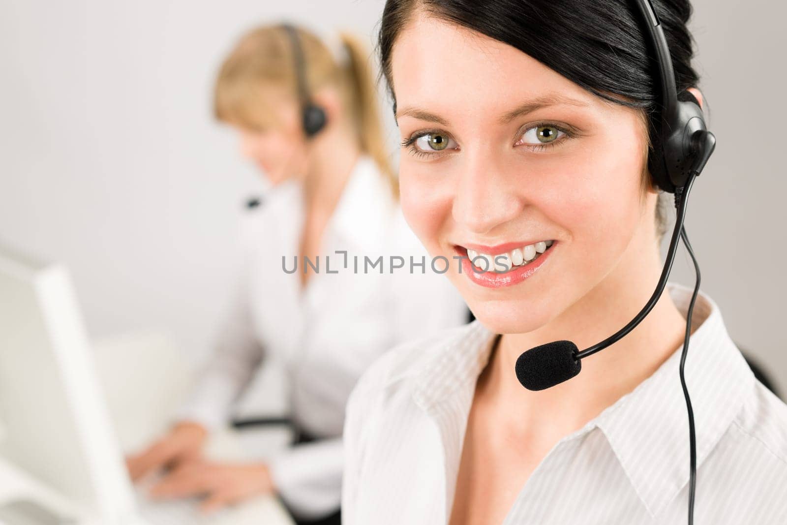 Customer service team woman call center smiling operator phone headset