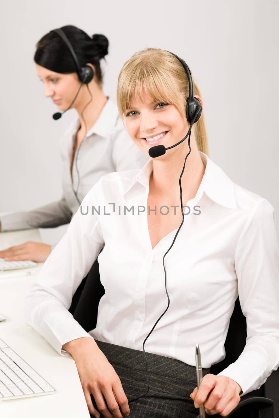 Customer service team woman call center smiling operator phone headset