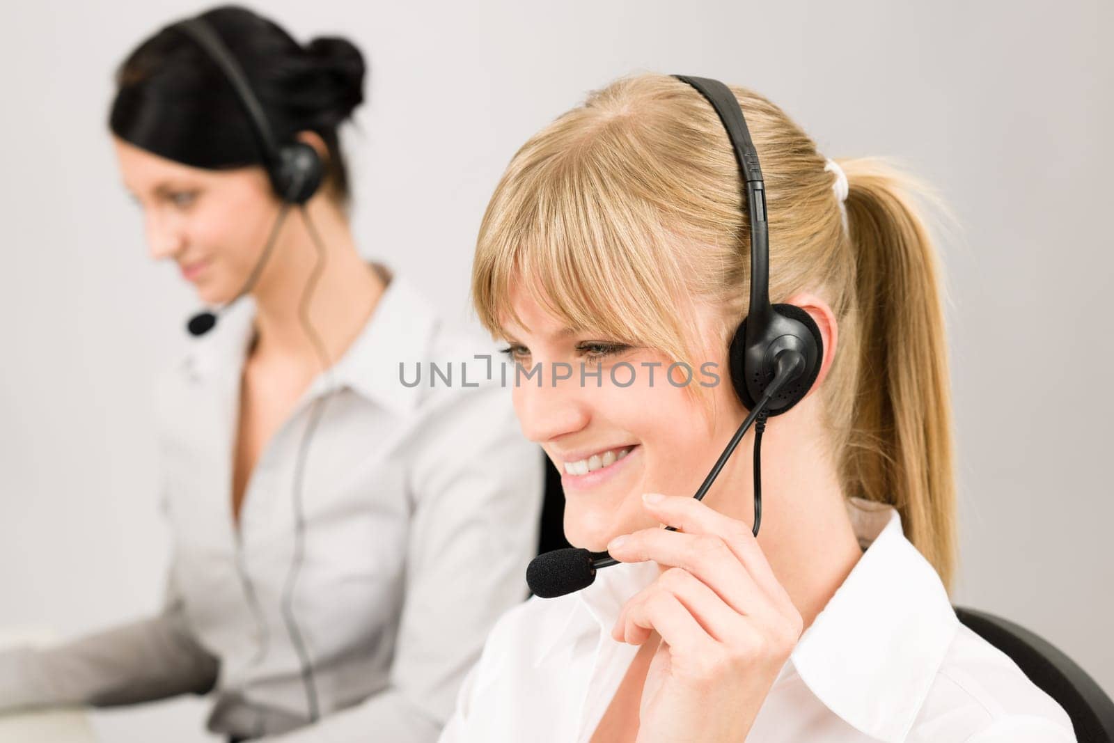 Customer service team woman call center smiling operator phone headset