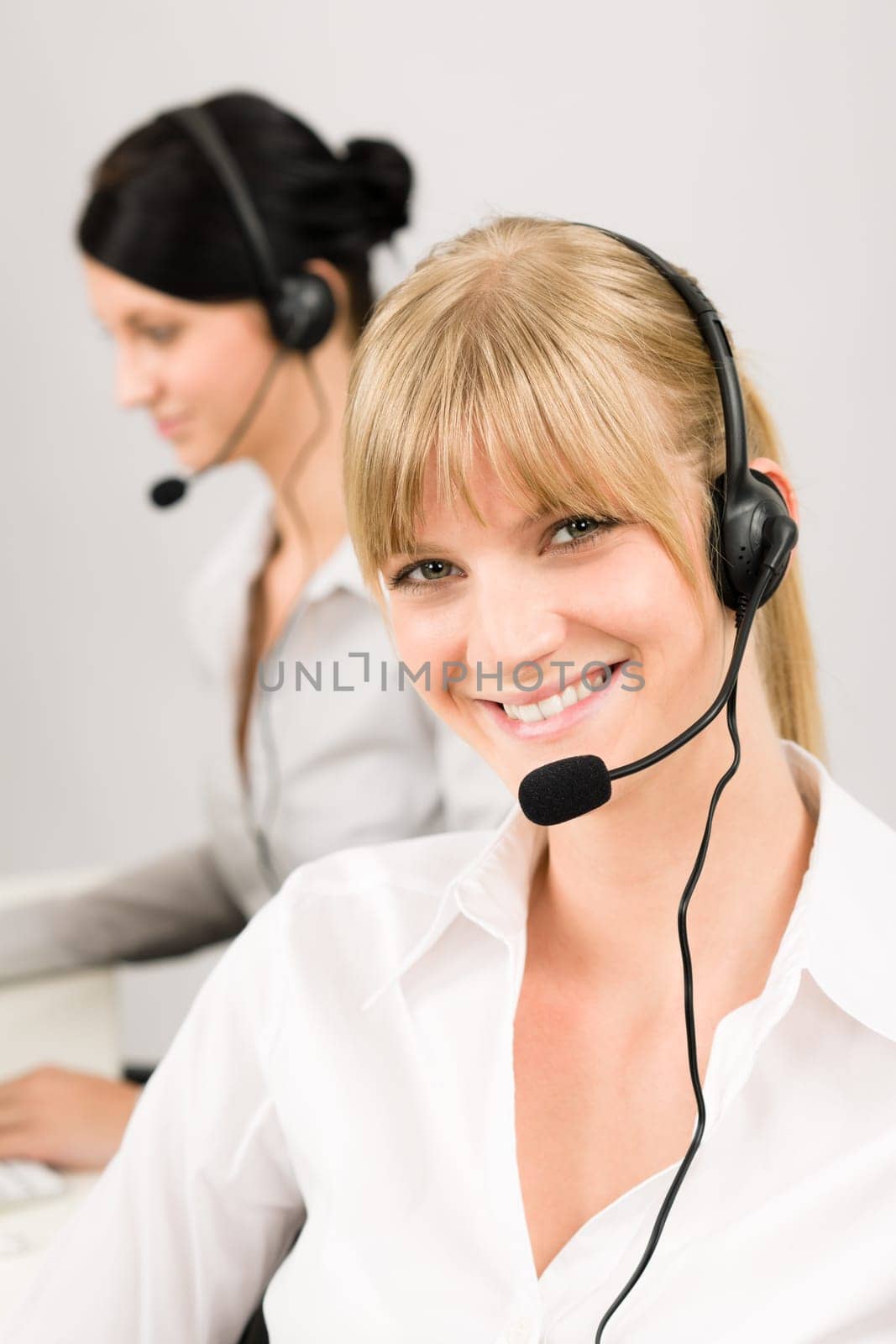 Customer service team woman call center smiling operator phone headset