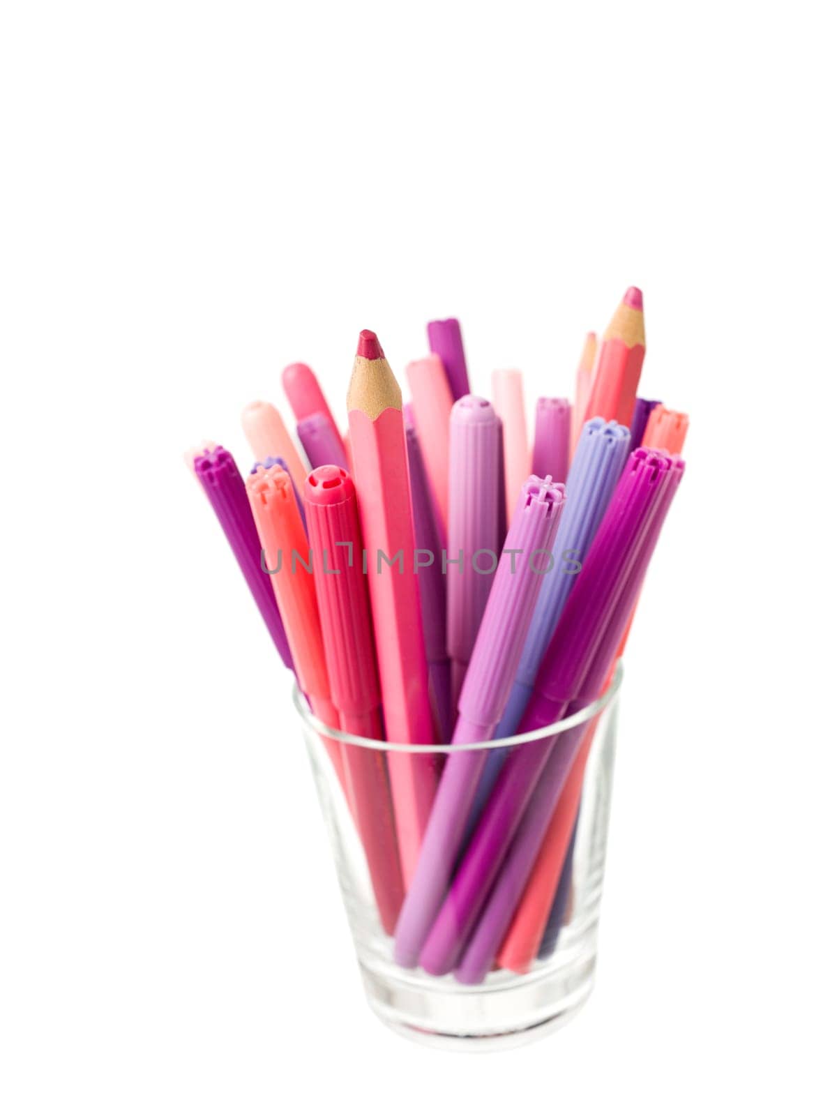 Glass of colored pencils isolated on white background