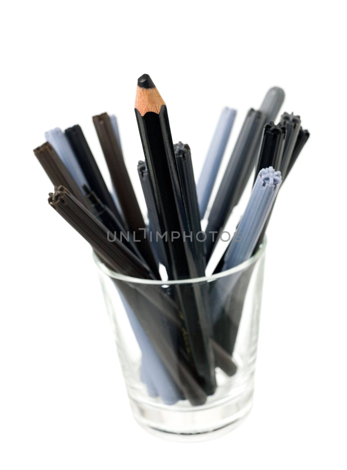 Glass of colored pencils isolated on white background