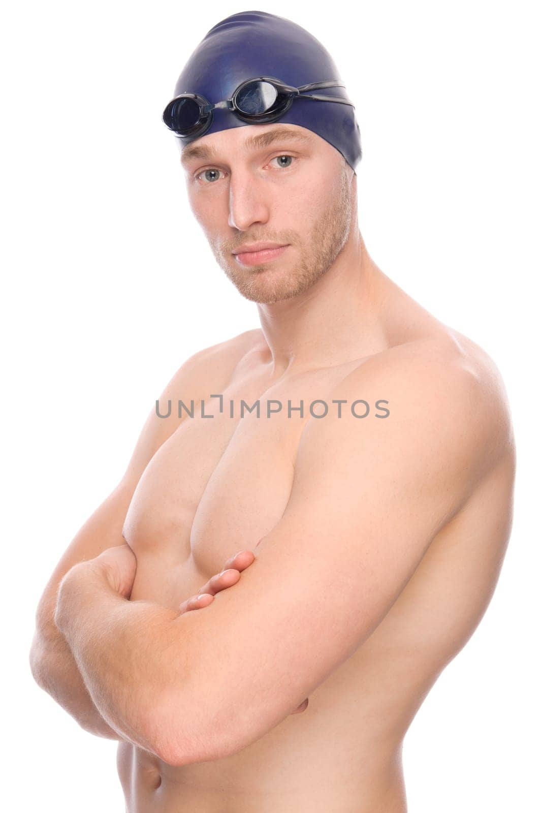 Studio shot of a young swimmer against a white background