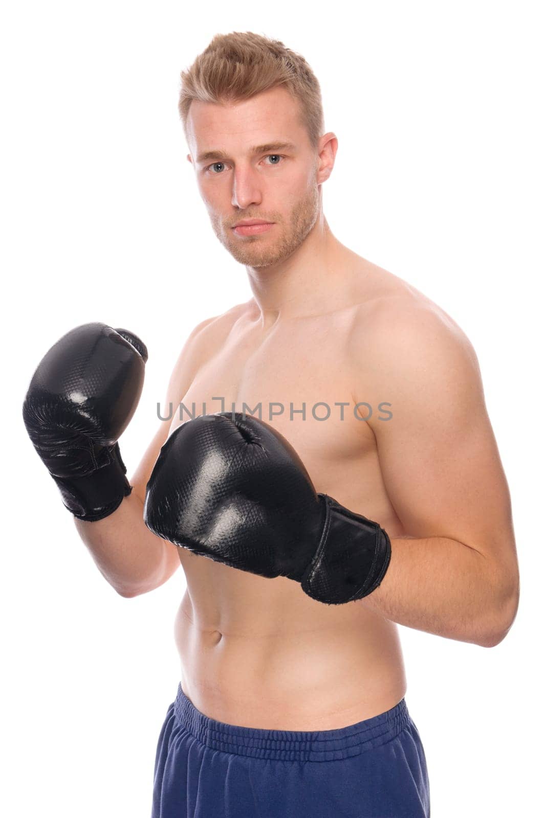 Studio shot of a boxer against a white background