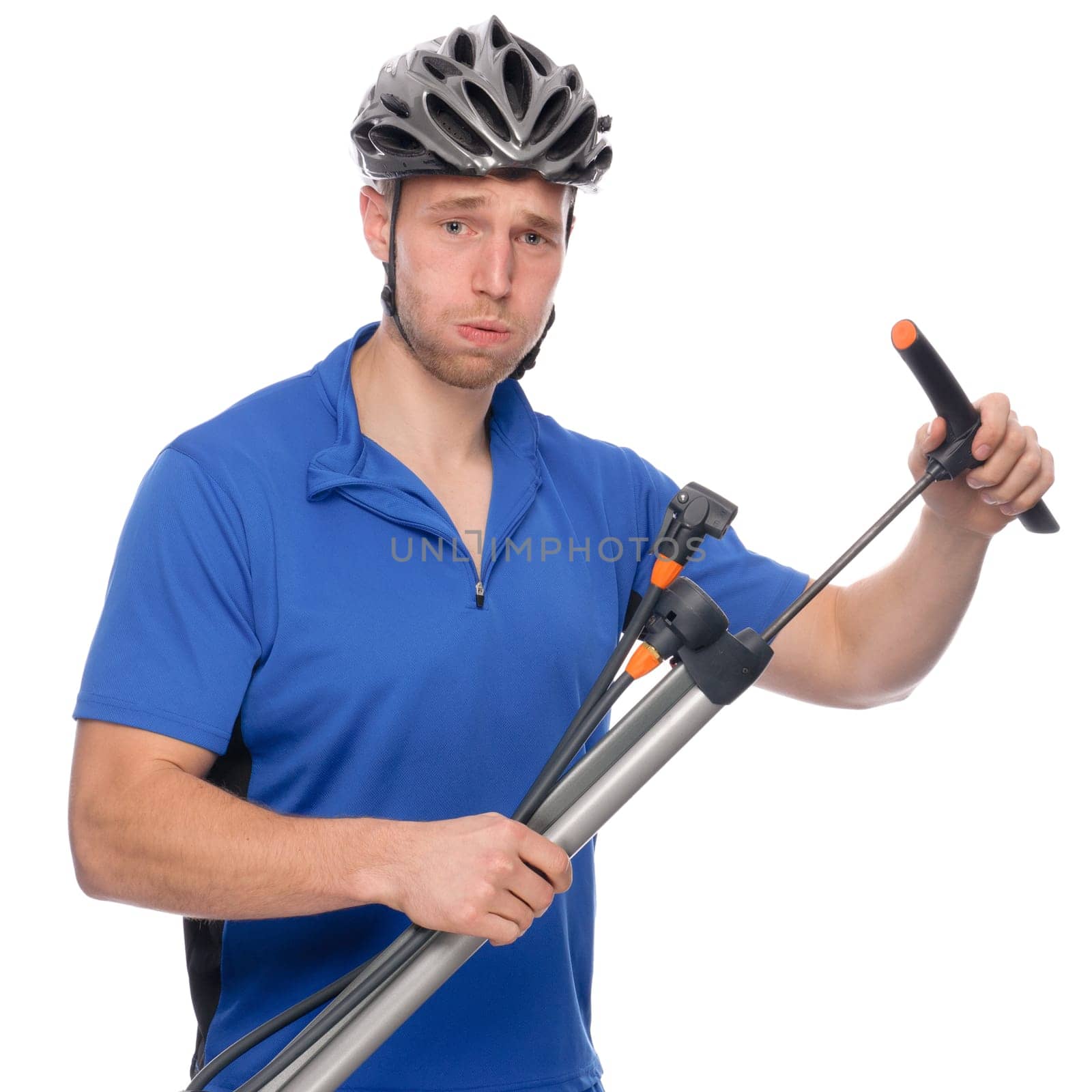 Studio shot of a cyclist against a white background