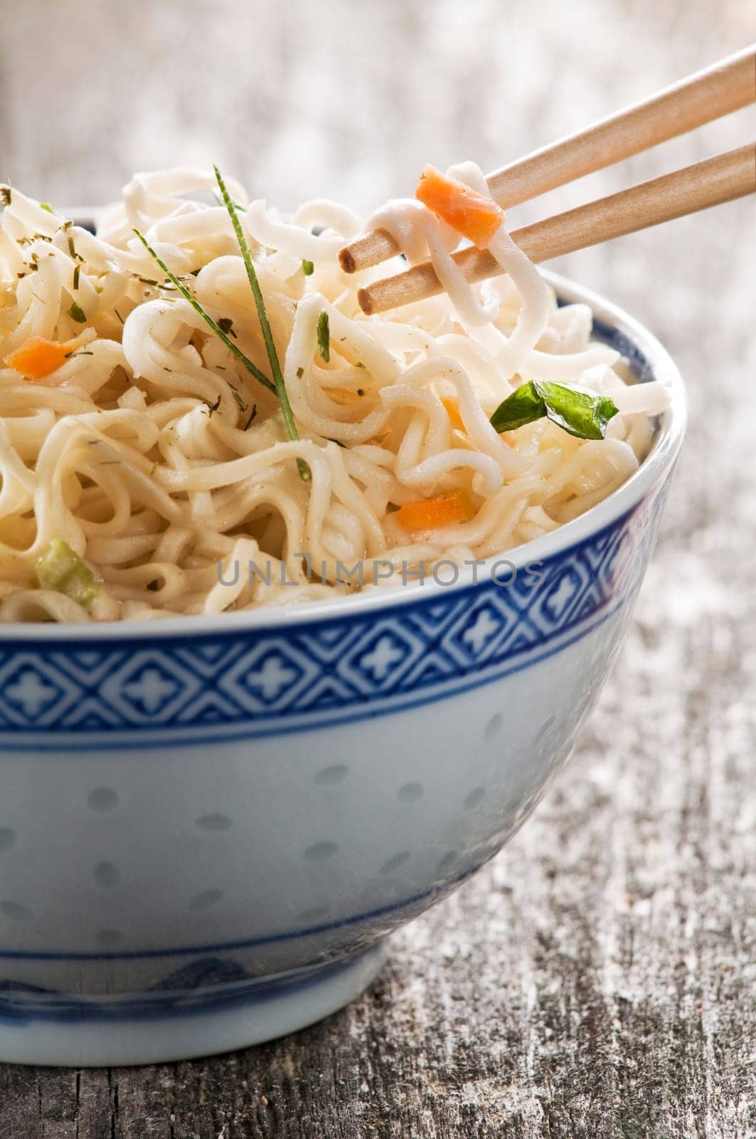 prawn flavor asian soup with noodles close up shoot