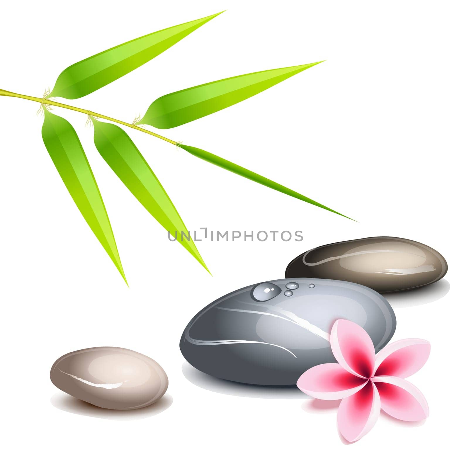 Zen theme with bamboo and colored pebbles over white
