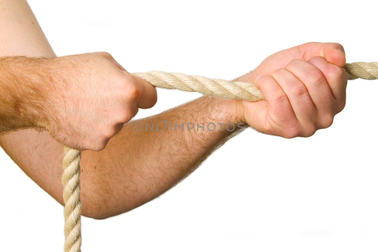 Hands pulling on a rope - isolated on white background