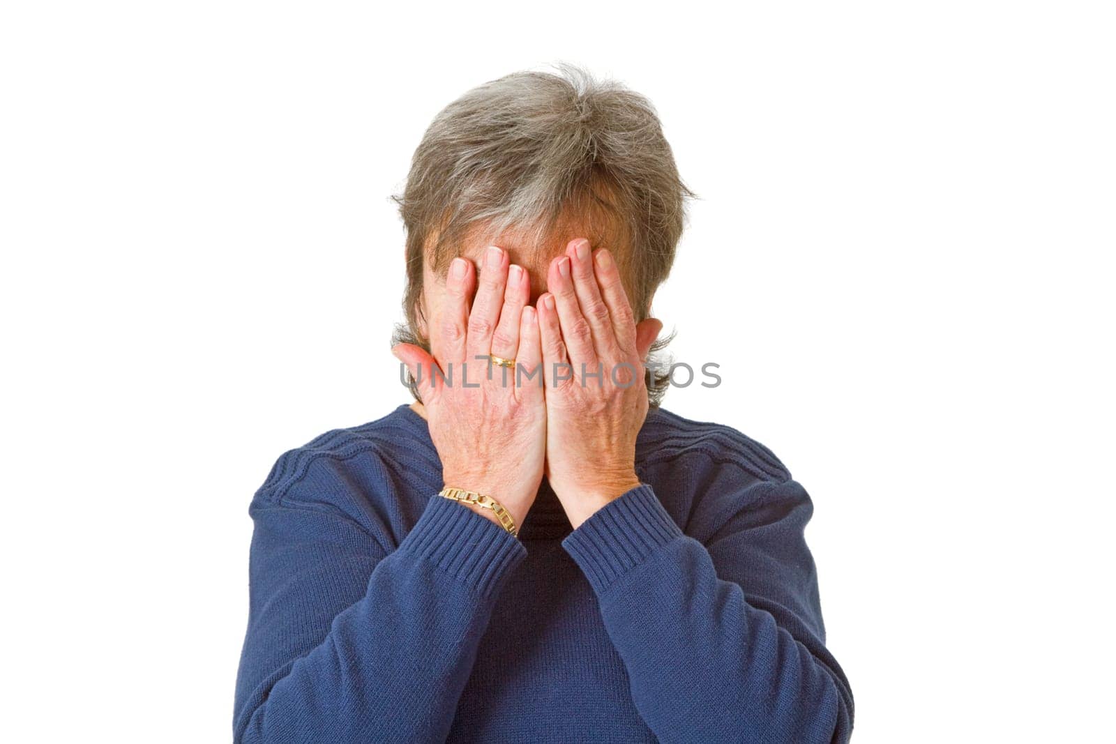 Senior woman holding her face - isolated on white background