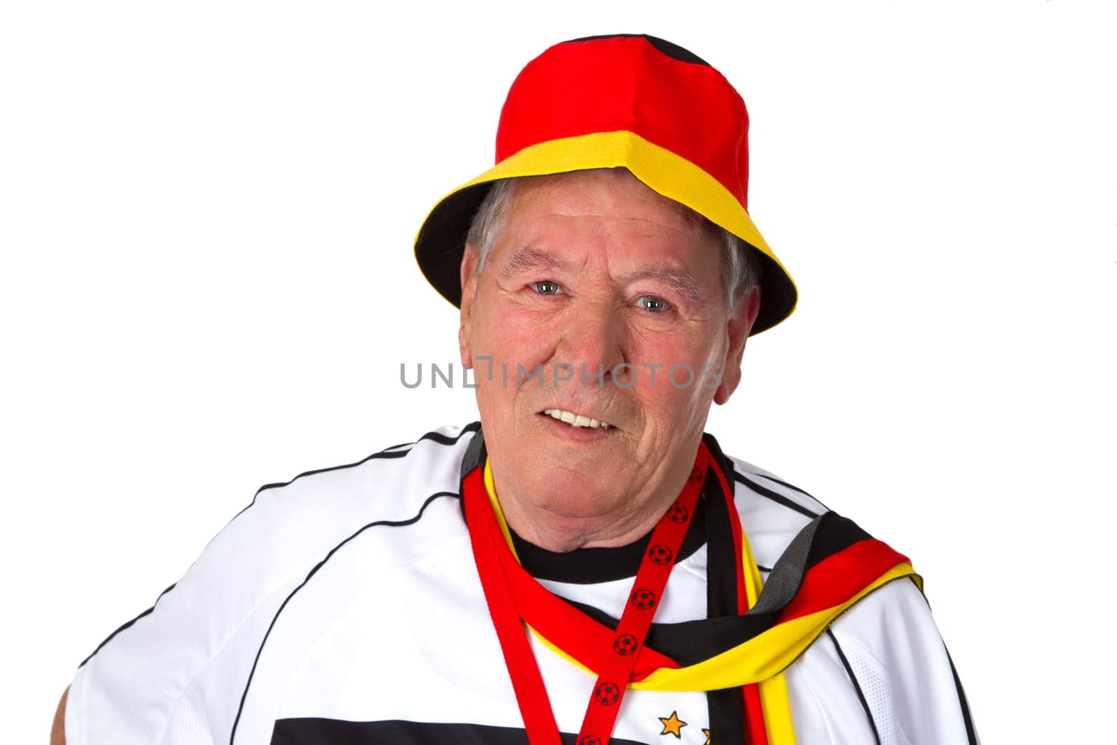 Senior football fan isolated on white background