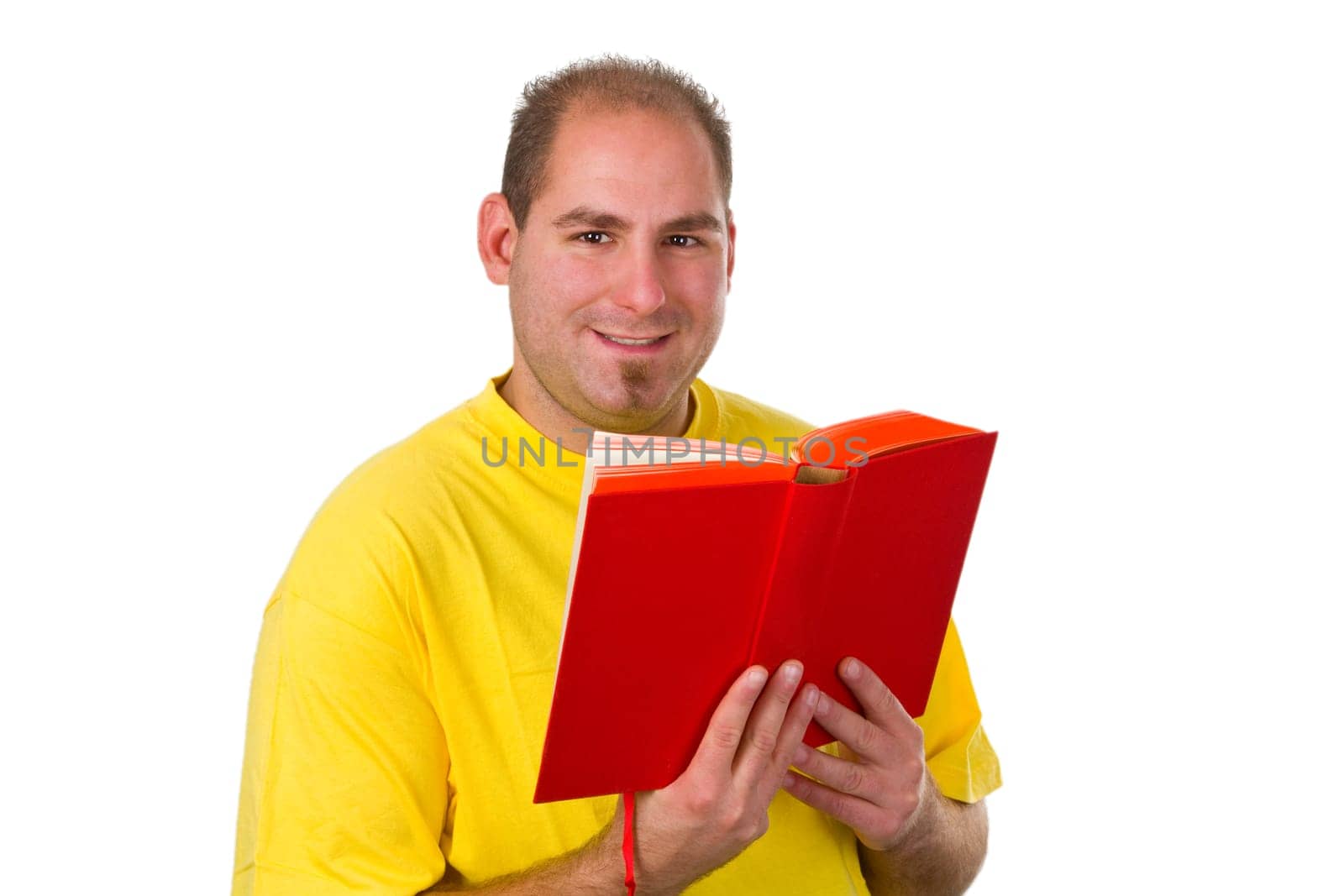 Young man with book isolated on white background