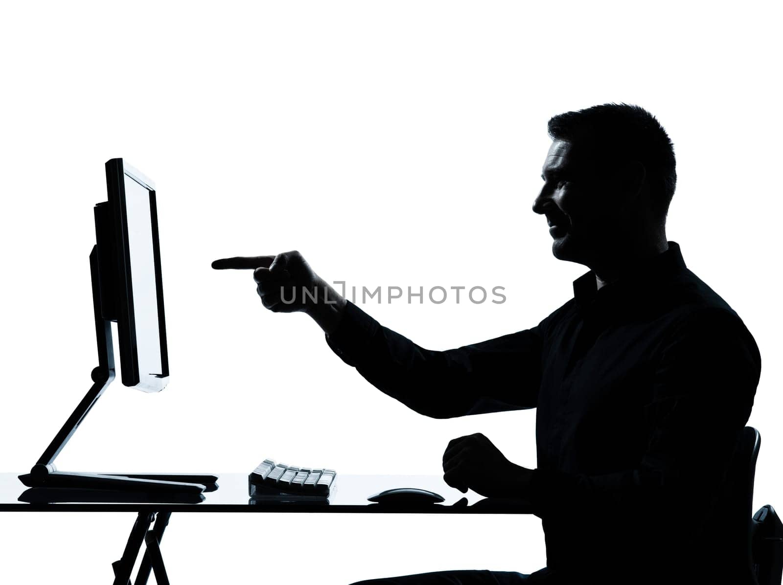 one caucasian business man pointing gesture computer computing silhouette in studio isolated on white background