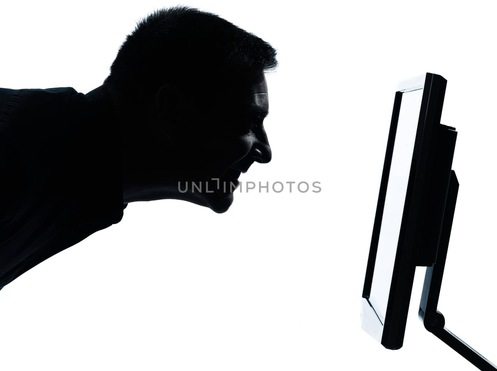 one caucasian business man face silhouette with computer screen display portrait in studio isolated on white background