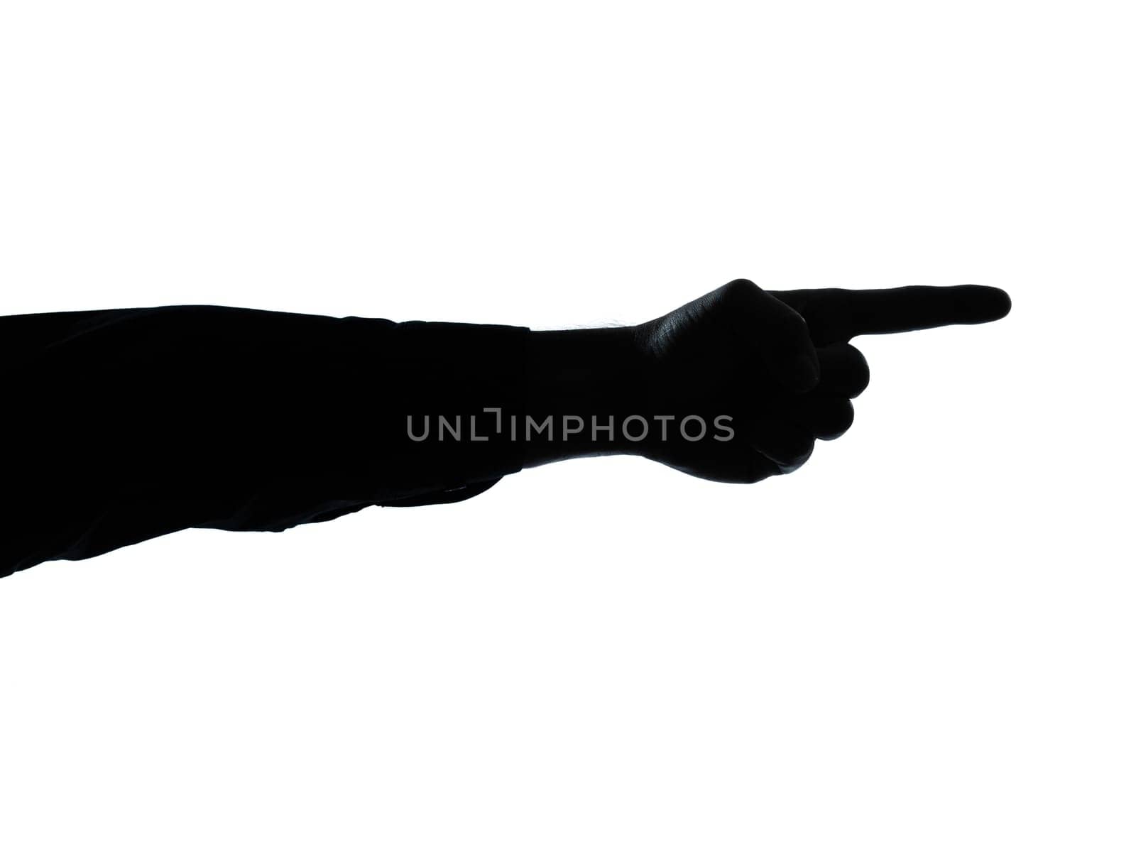 one caucasian close up detail one man hand pointing silhouette in studio isolated on white background