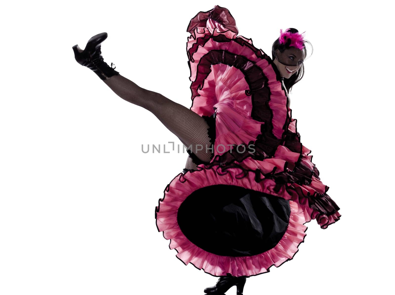 woman dancer dancing french cancan in studio isolated on white background