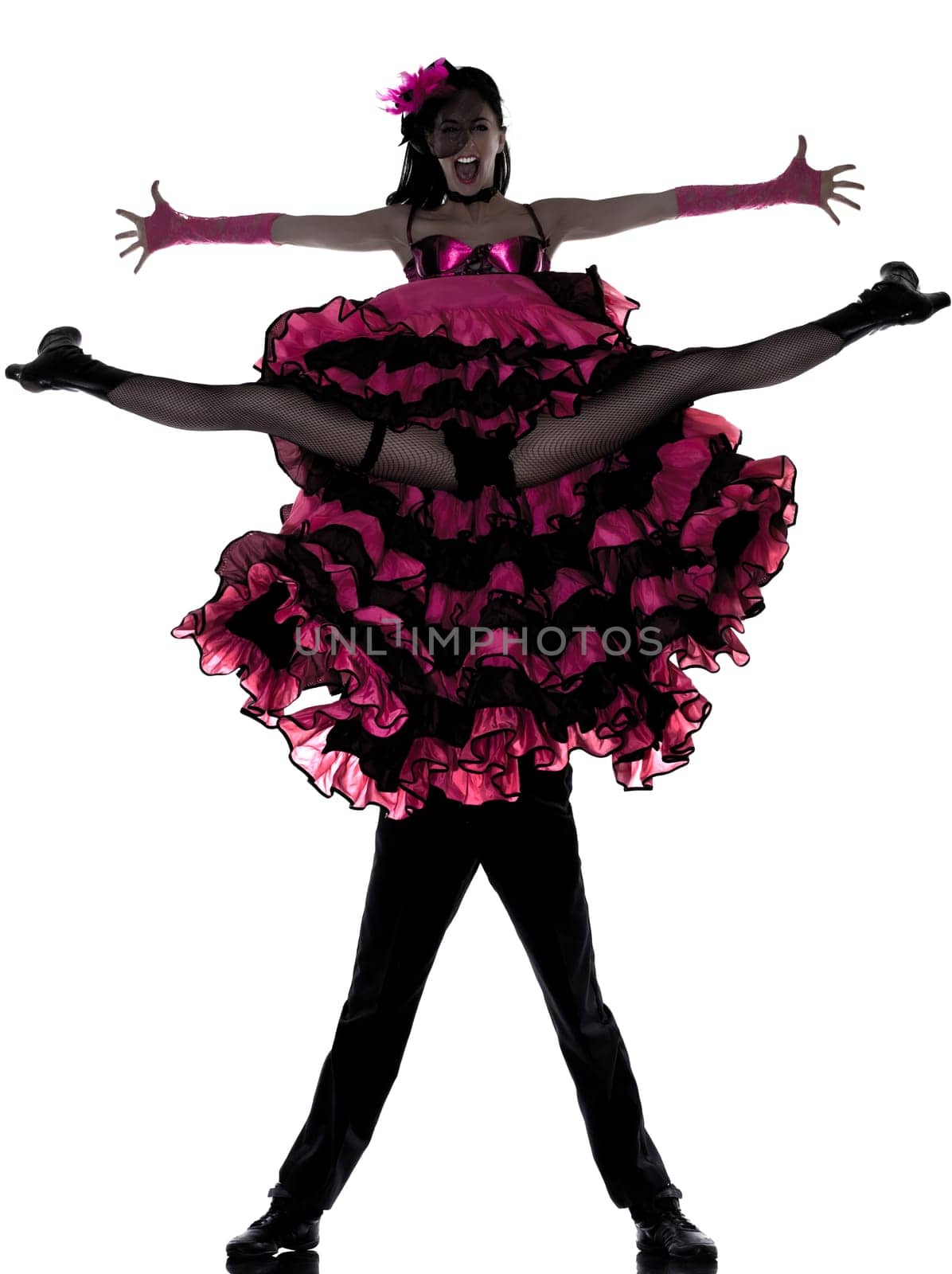 couple man woman dancer dancing french cancan in studio isolated on white background