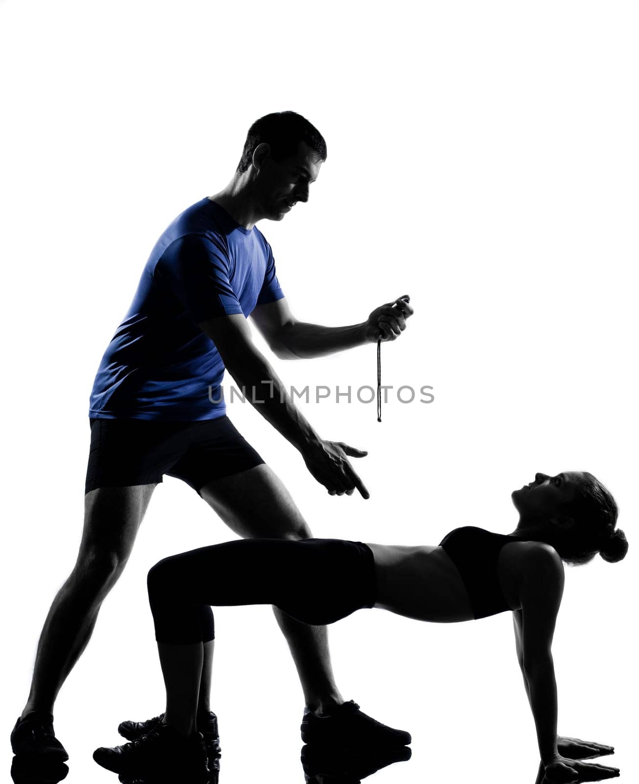 couple woman man exercising workout fitness aerobics posture in silhouette studio isolated on white background