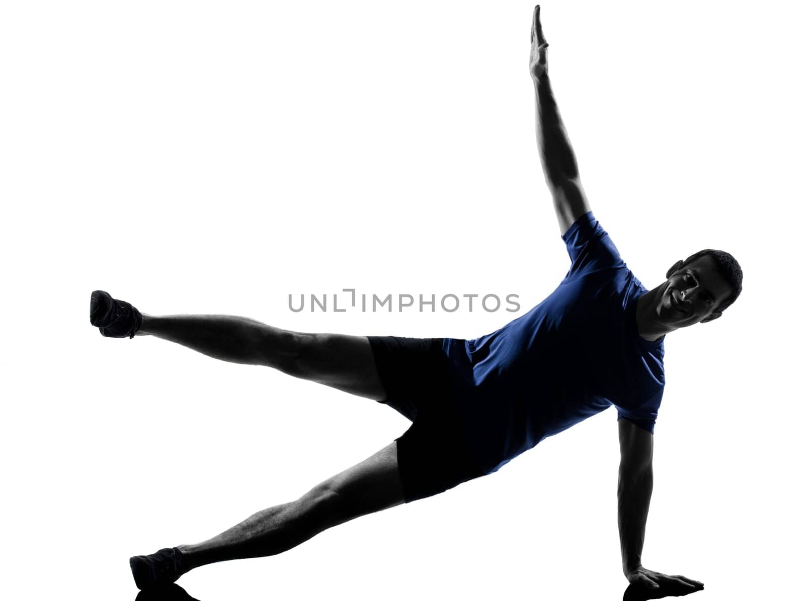 man exercising workout fitness aerobics posture in silhouette studio isolated on white background