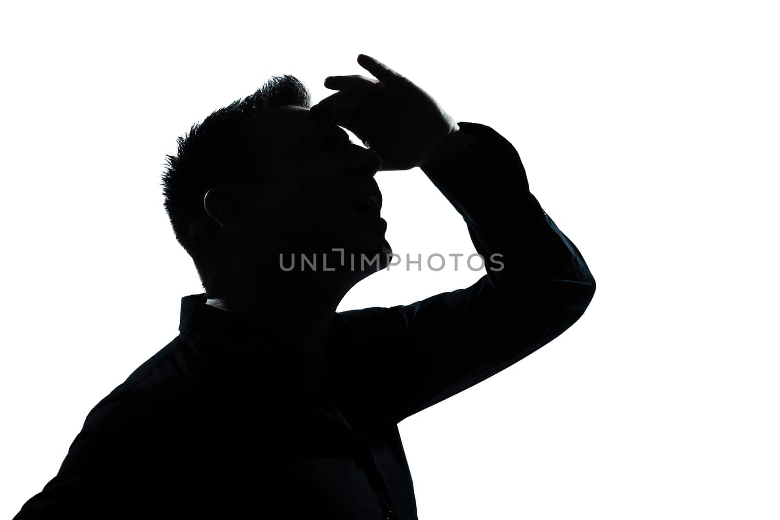one caucasian man portrait looking up forward gesture mouth open silhouette in studio isolated white background