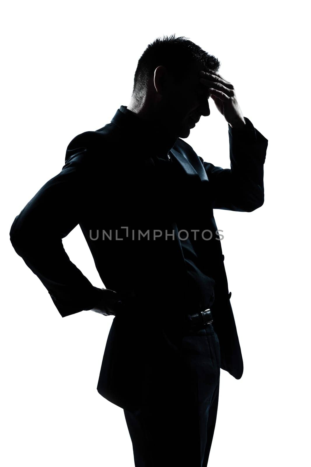 one caucasian man portrait silhouette tired migraine backache in studio isolated on white background
