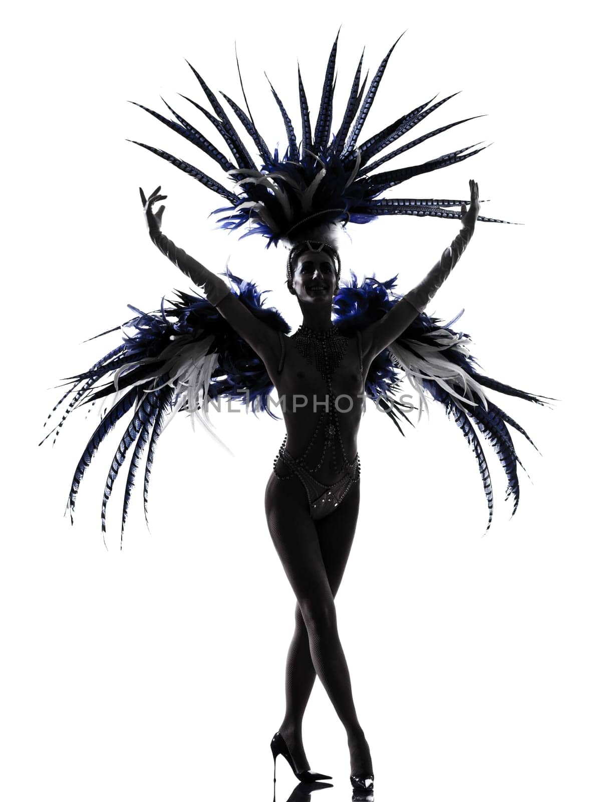 woman showgirl dancer revue dancing in studio isolated on white background