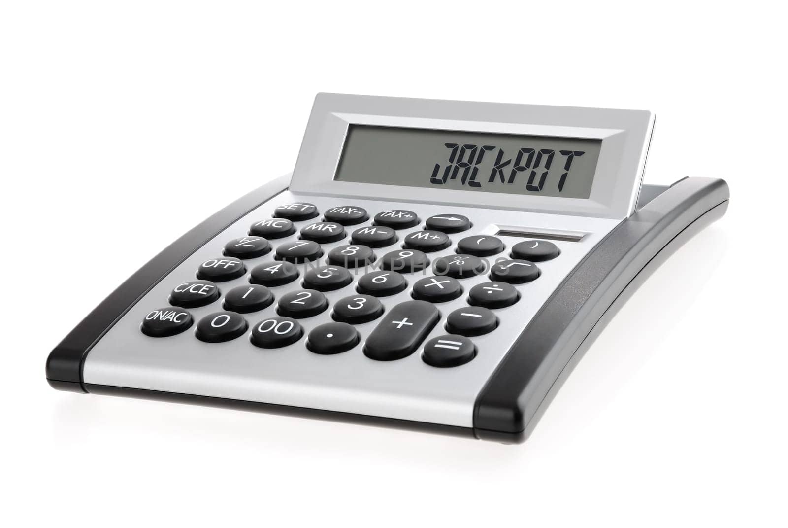 Calculator with the word "jackpot"" instead of numbers on the display"